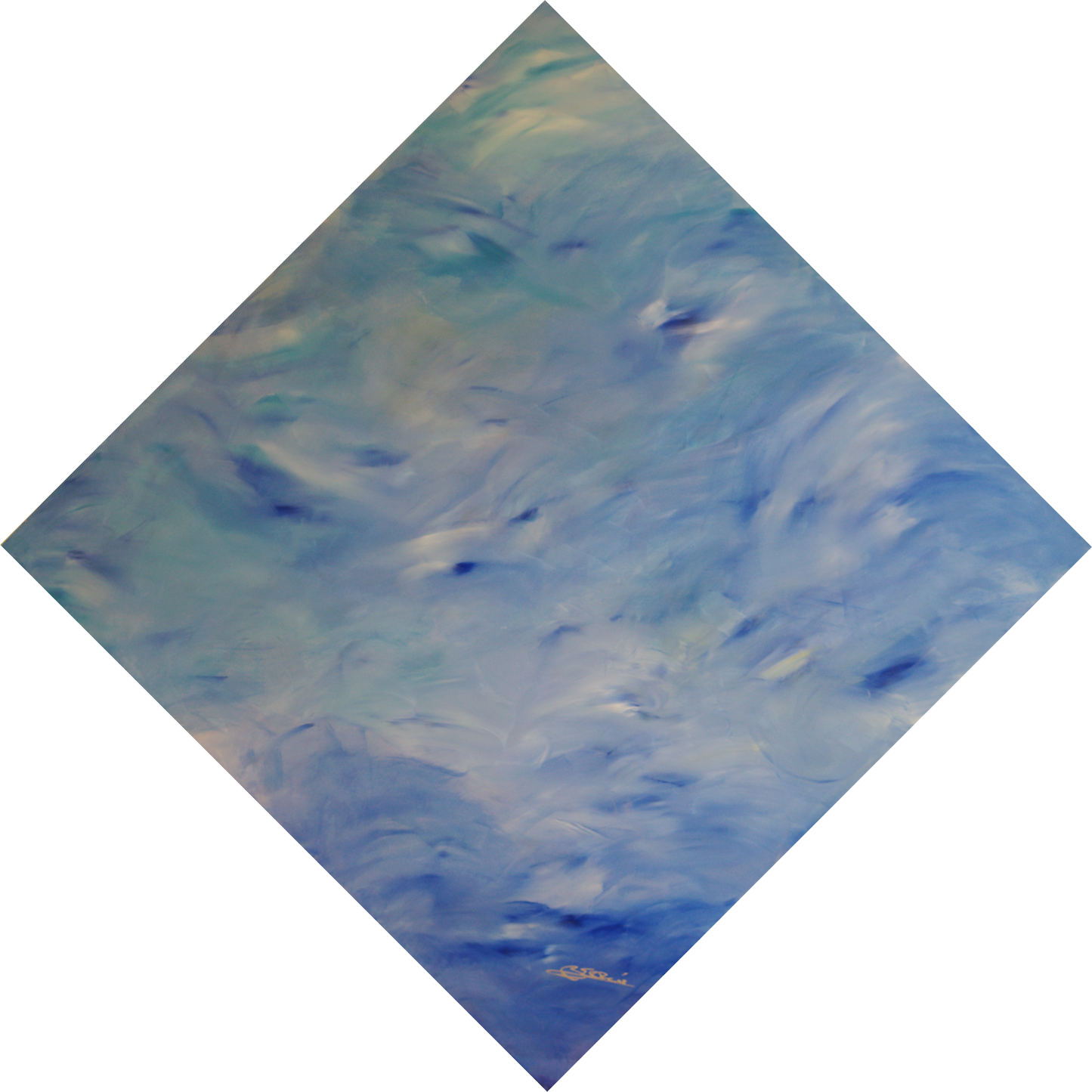 Abstract fine art painting “Soaring New Heights” by Bereniche Aguiar — blue and green tones evoking clarity, renewal, and transcendence.