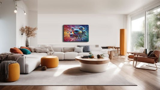 Living room showcasing Bubbles of Celestial Gaze BeSculpt Metal Cosmic Fantasy Art