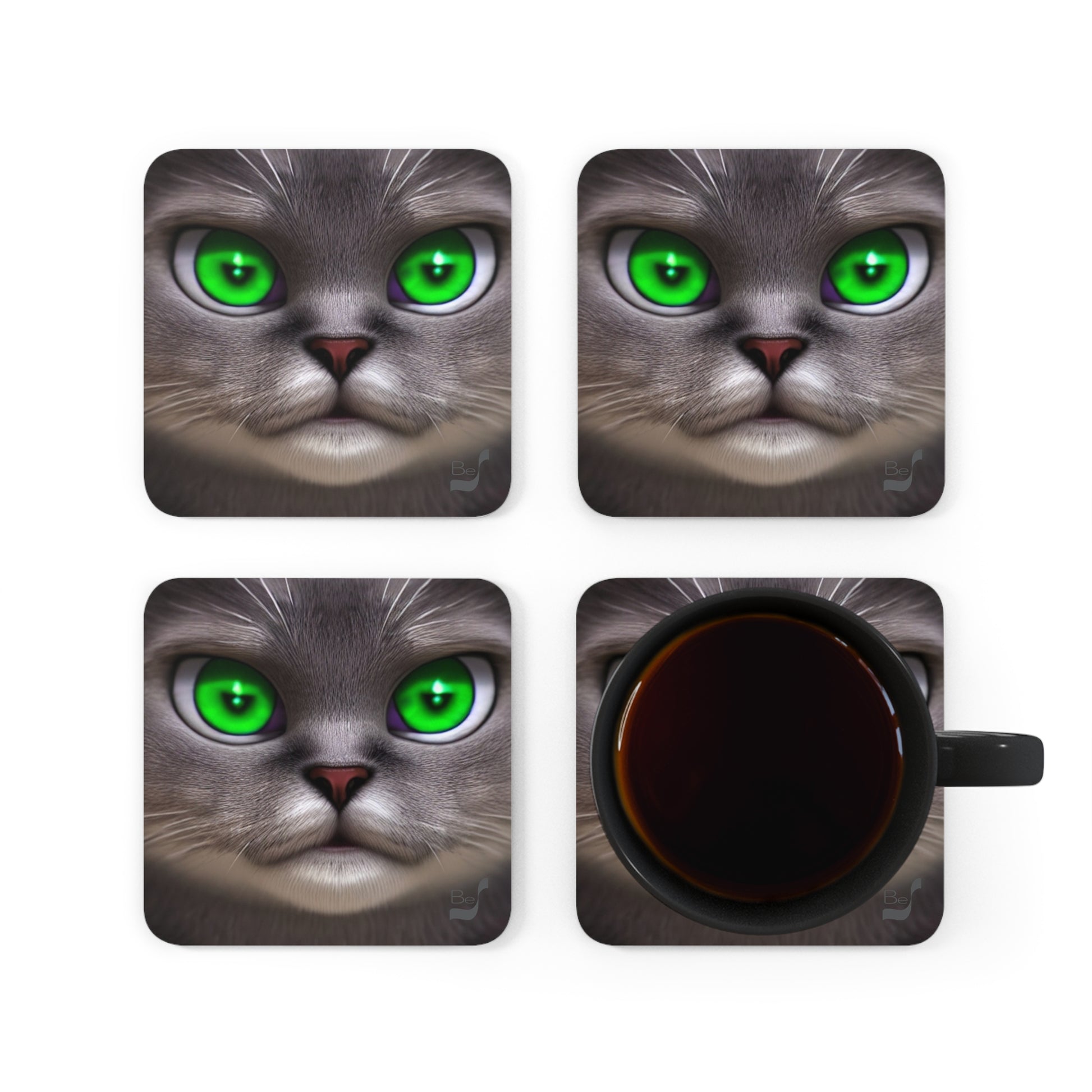 Green Eyes Cat BeSculpt Art Corkwood Coaster Set of 4