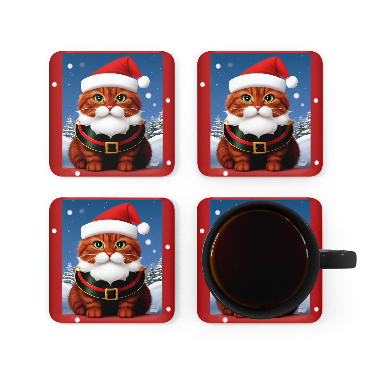 Meowry Claus BeSculpt Art Corkwood Coaster Set of 4