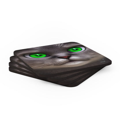 Green Eyes Cat BeSculpt Art Corkwood Coaster Set of 4