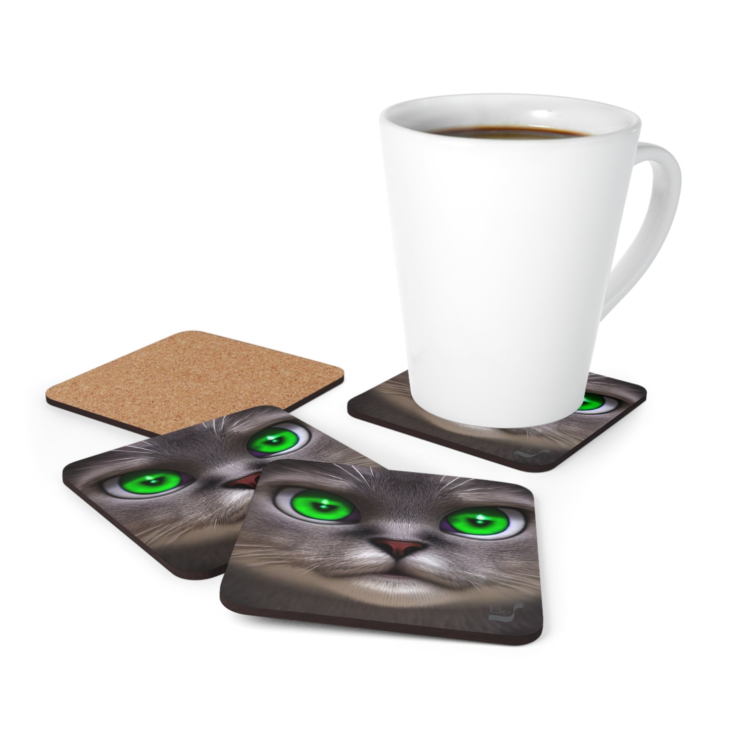 Green Eyes Cat BeSculpt Art Corkwood Coaster Set of 4