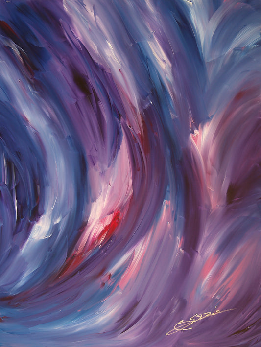 Original expressionist painting “Cave In” by Bereniche Aguiar — bold violet and red abstract brushstrokes conveying emotion and intensity.