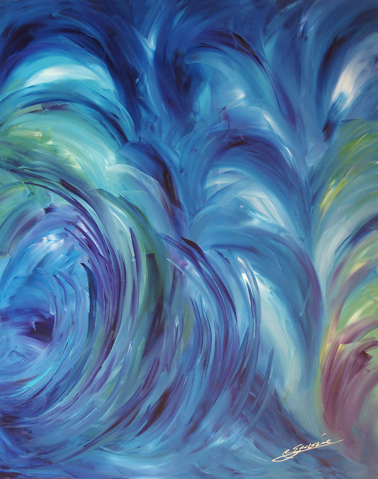 Abstract fine art painting “Gentle Caressing” by Bereniche Aguiar — soft greens and blues, evoking nature’s gentle rhythm.