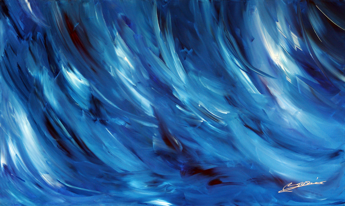 Abstract fine art painting “Icy Depths” by Bereniche Aguiar — layered blue and violet tones evoking movement, tranquility, and inner strength.