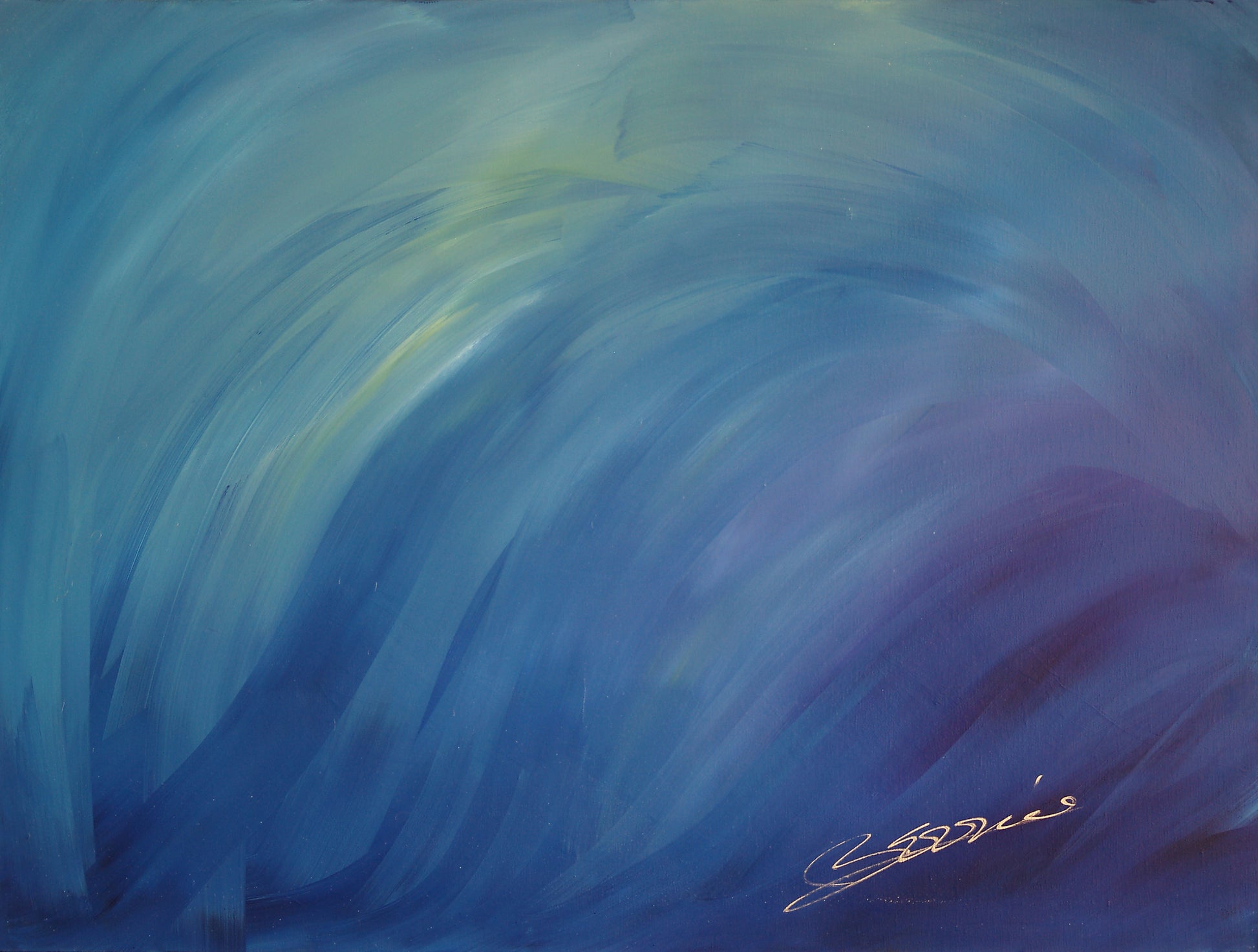 Abstract fine art painting “Invisible Silhouette” by Bereniche Aguiar — violet and gold tones suggesting ethereal motion and quiet strength.