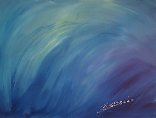 Abstract fine art painting “Invisible Silhouette” by Bereniche Aguiar — violet and gold tones suggesting ethereal motion and quiet strength.