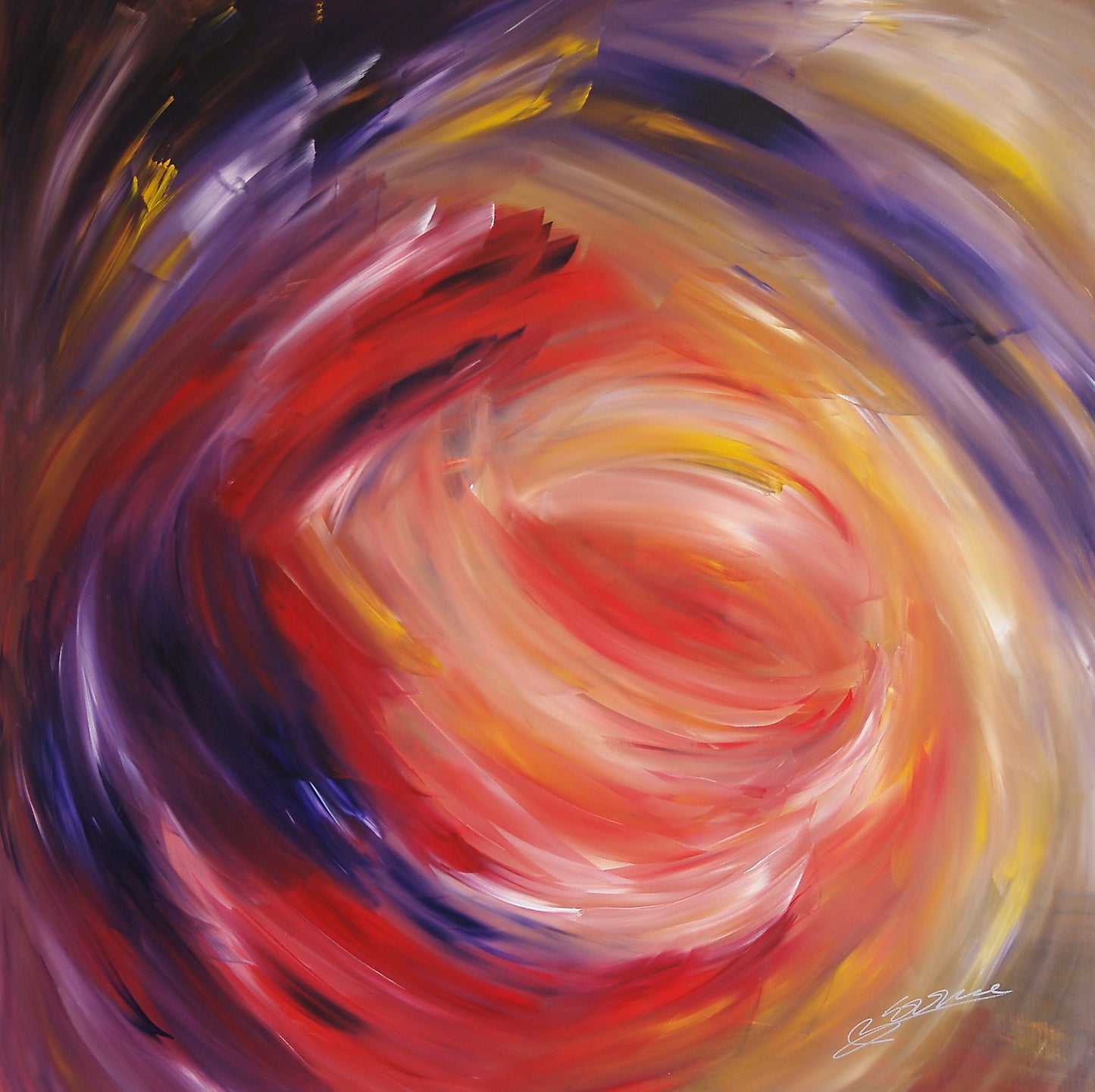 Abstract painting “Lost in Time” by Bereniche Aguiar — red, violet, and gold swirling brushstrokes symbolizing passion and timeless emotion.