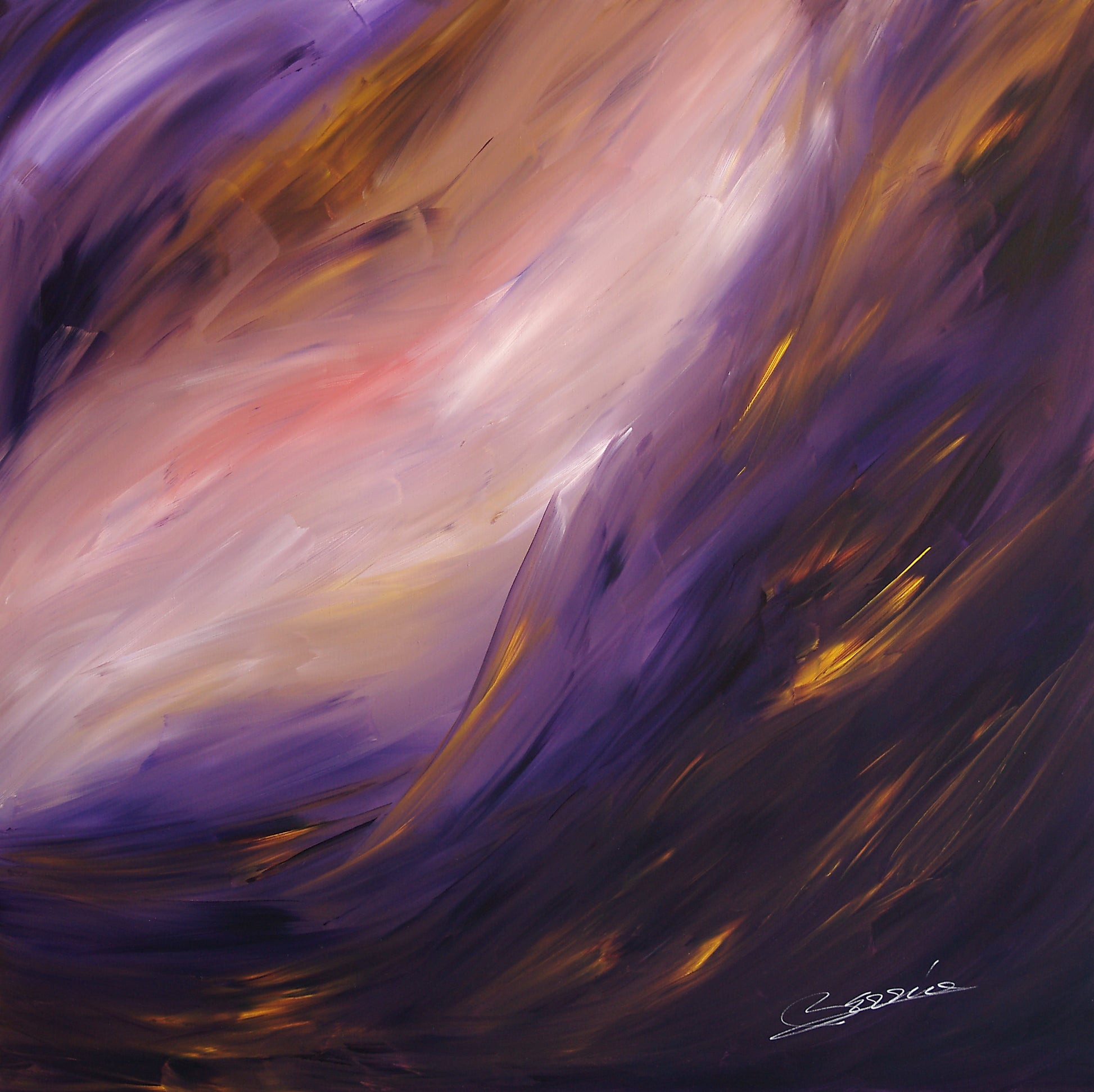 Abstract painting “Moving Forward” by Bereniche Aguiar — violet, gold, and pink hues expressing renewal and emotional transformation.