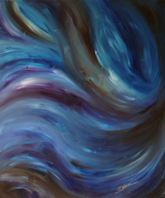 Abstract fine art painting “Mysterious Ways” by Bereniche Aguiar — blue and violet flowing brushstrokes suggesting depth, motion, and mystery.