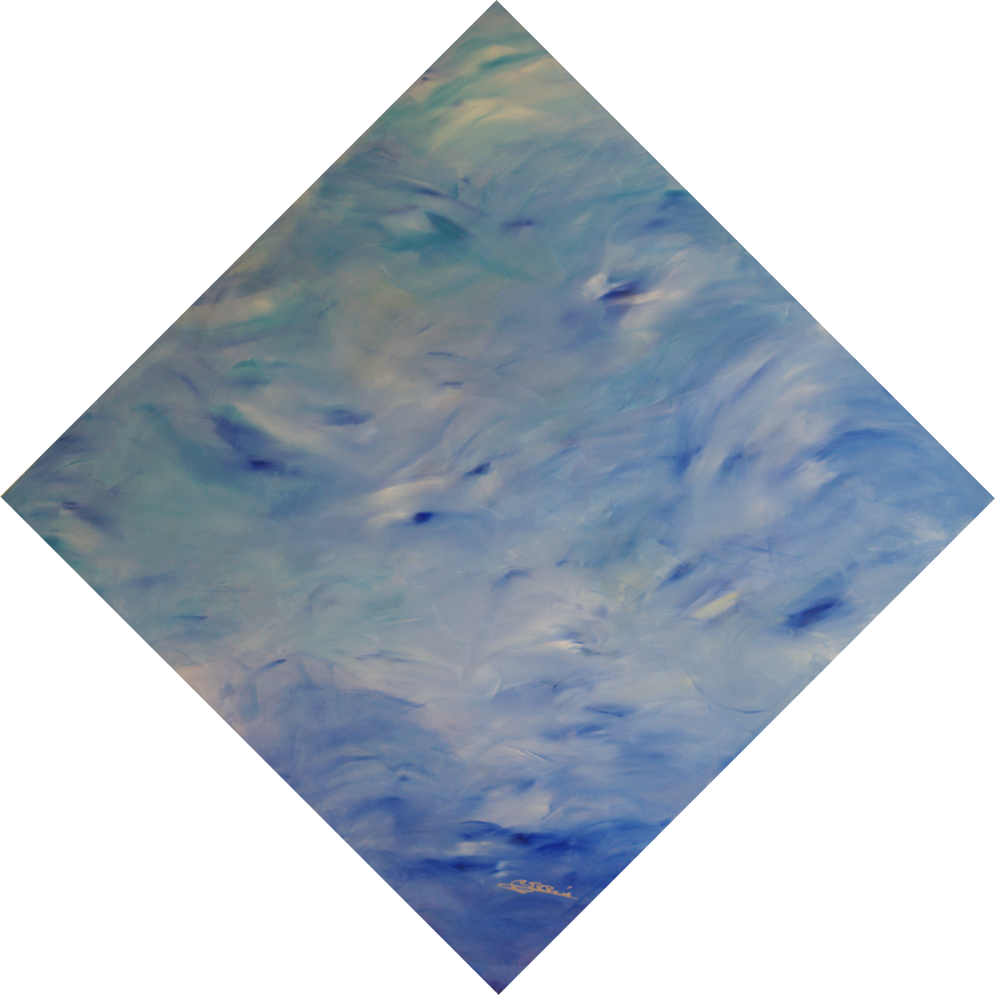 Abstract fine art painting “Soaring New Heights” by Bereniche Aguiar — blue and green tones evoking clarity, renewal, and transcendence.