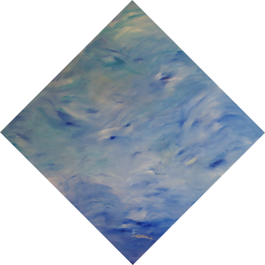 Abstract fine art painting “Soaring New Heights” by Bereniche Aguiar — blue and green tones evoking clarity, renewal, and transcendence.