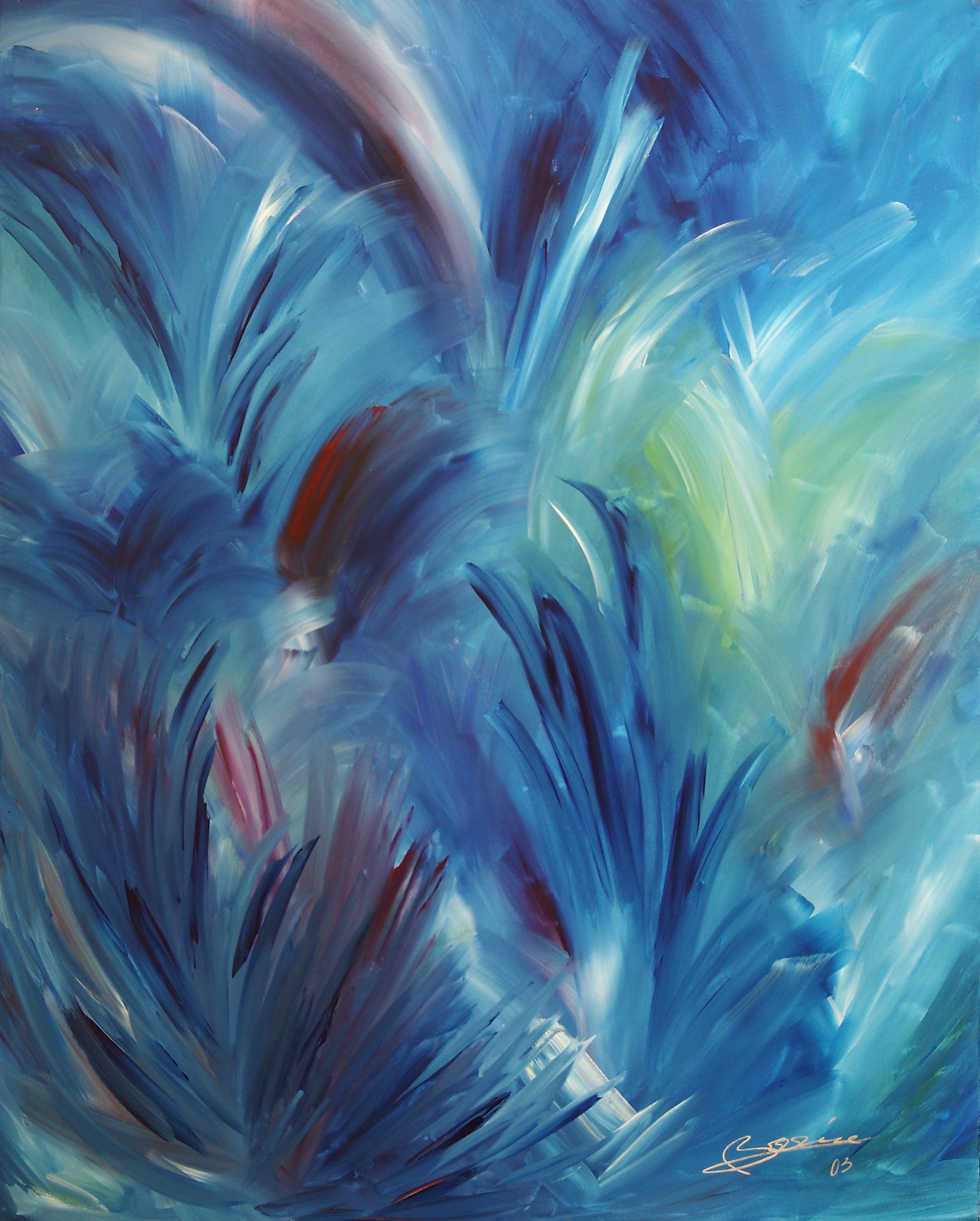 Abstract fine art painting “Somersaulting” by Bereniche Aguiar — flowing violet, rose, and blue hues with crystalline motion and emotional depth.