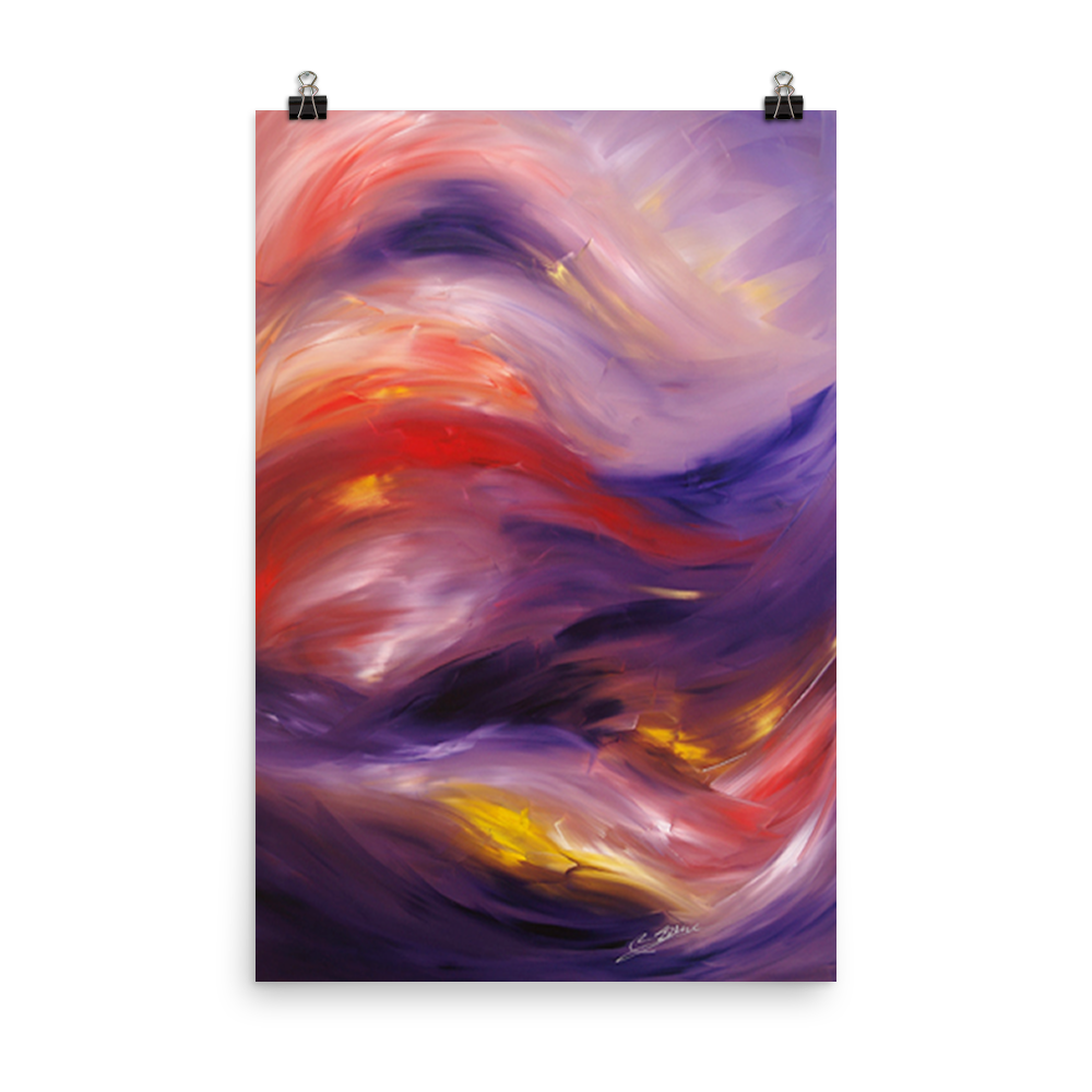 “Swept Away” — Fine art Giclée print on matte paper by Bereniche Aguiar, showing flowing purples, reds, and golden light in motion.