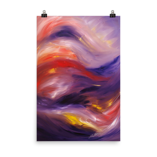 “Swept Away” — Fine art Giclée print on matte paper by Bereniche Aguiar, showing flowing purples, reds, and golden light in motion.