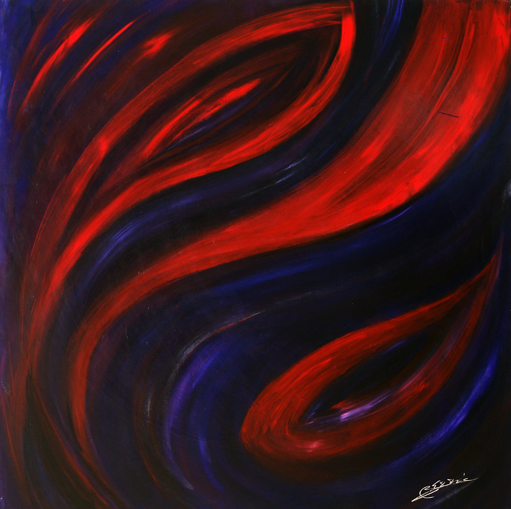 Abstract fine art painting “The Journey” by Bereniche Aguiar — vibrant red and indigo brushstrokes in motion, evoking emotion and transformation.