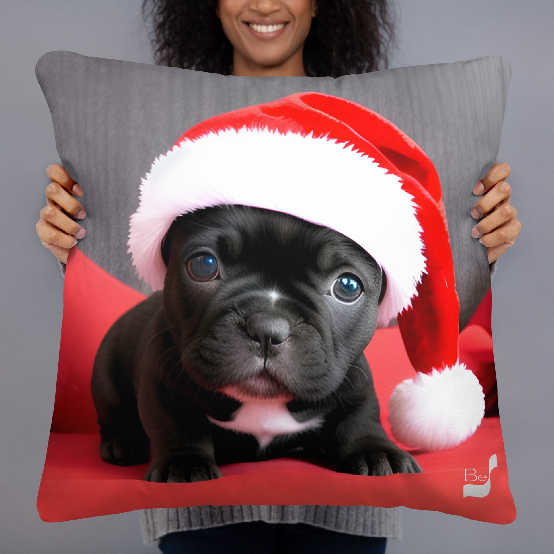 Santa Frenchie Pup  BeSculpt Photographic Holiday Art Throw Pillow