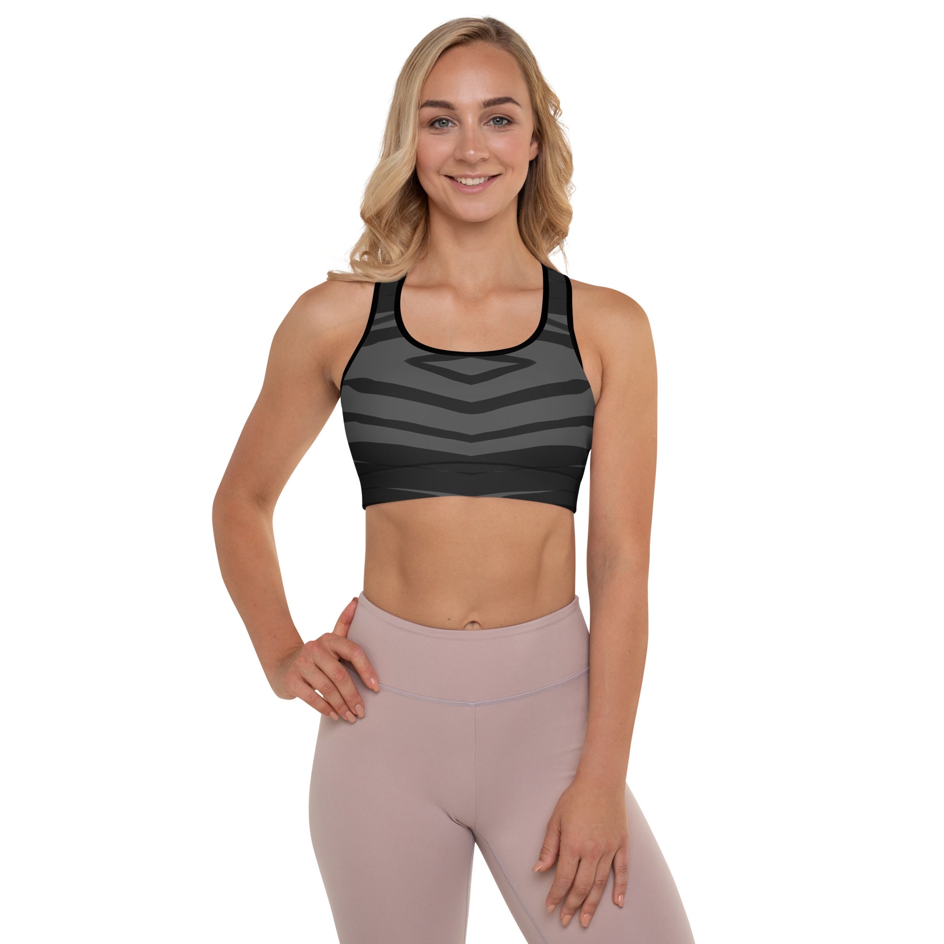 Introducing the Black H Stripes Rombo BeSculpt Women Padded Sports Bra—a chic and supportive addition to your activewear collection!