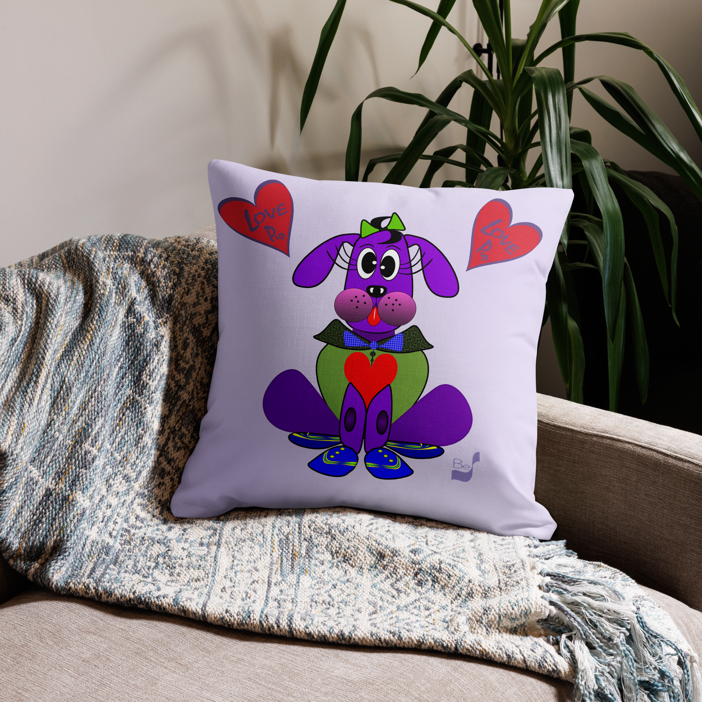 Love Pup 1 Purple BeSculpt Kids Throw Pillow S (Fabric with a linen feel)