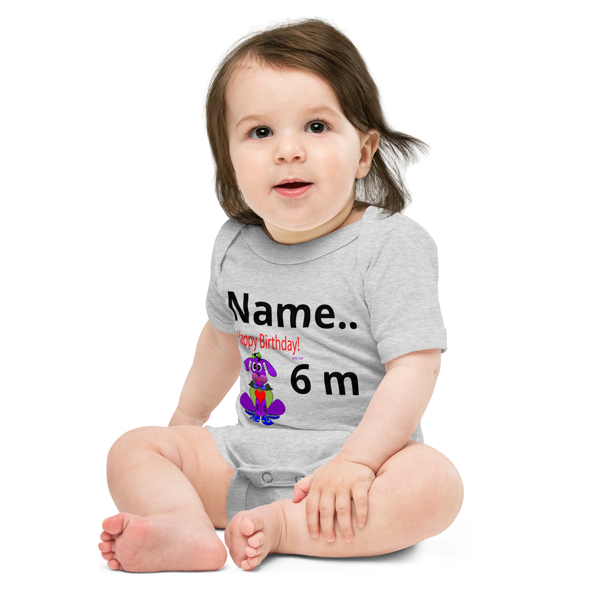 Personalize Happy Birthday Love Pup 1 Purple BeSculpt Baby Short Sleeve One Piece
