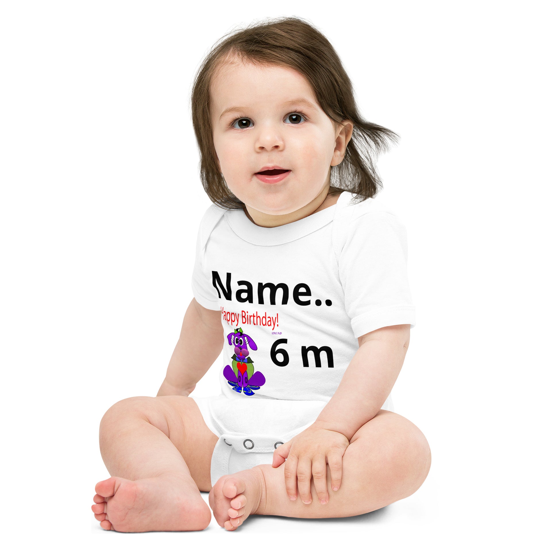 Personalize Happy Birthday Love Pup 1 Purple BeSculpt Baby Short Sleeve One Piece