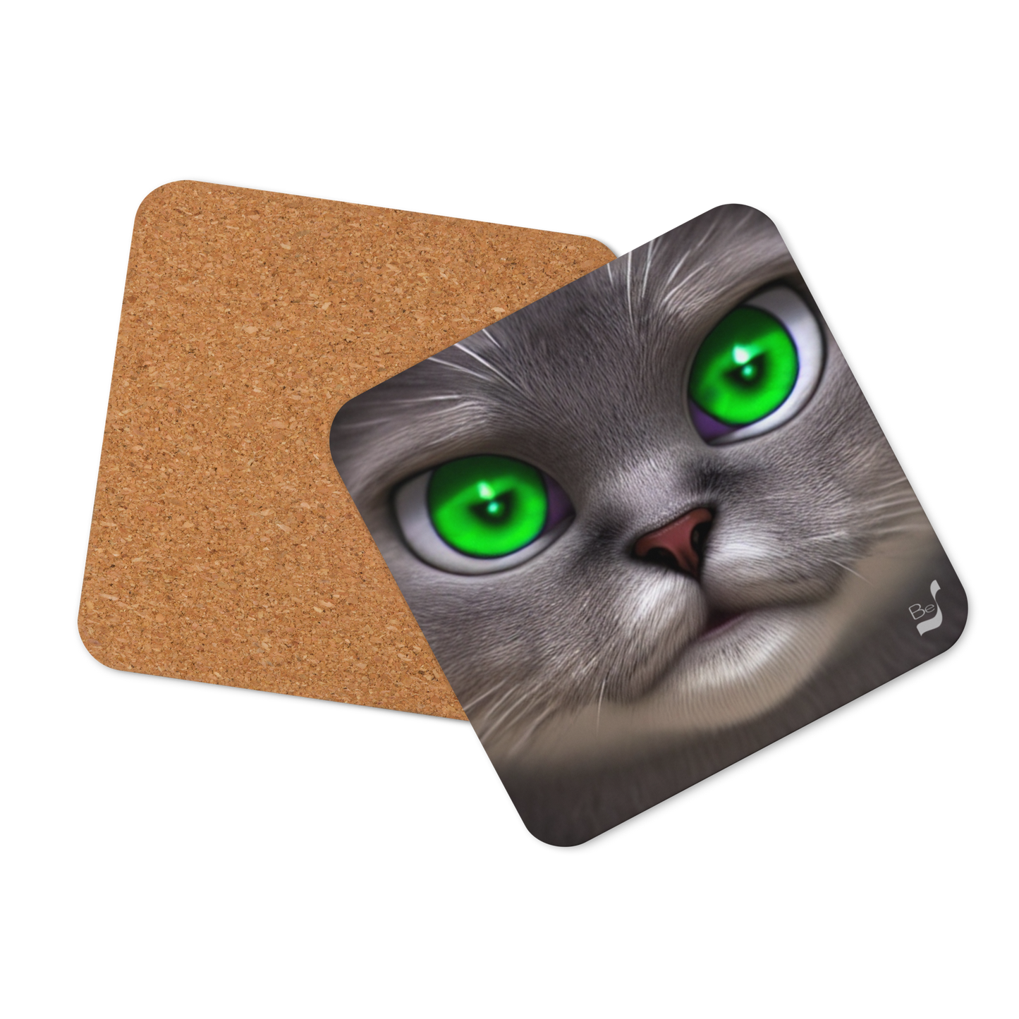 Green Eyes Cat BeSculpt Cork-back Coaster