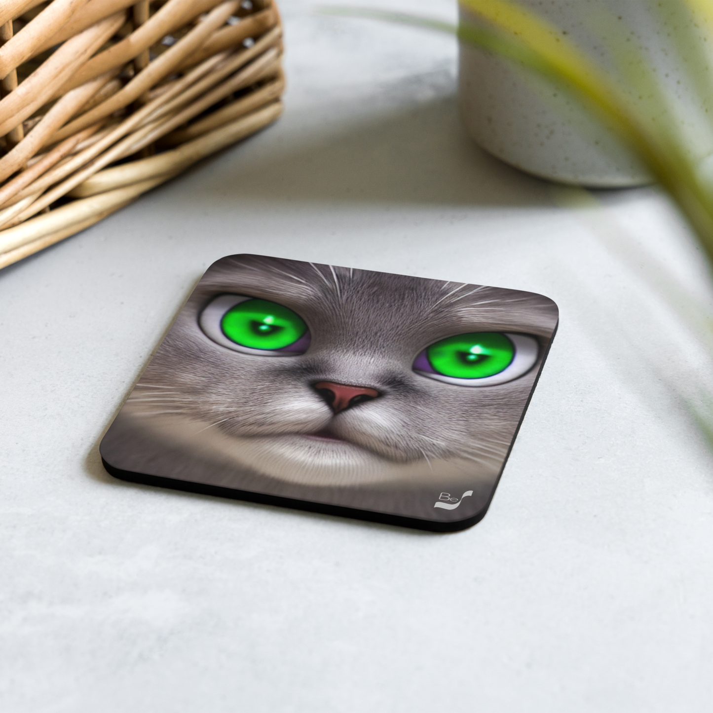 Green Eyes Cat BeSculpt Art Cork-back Coaster