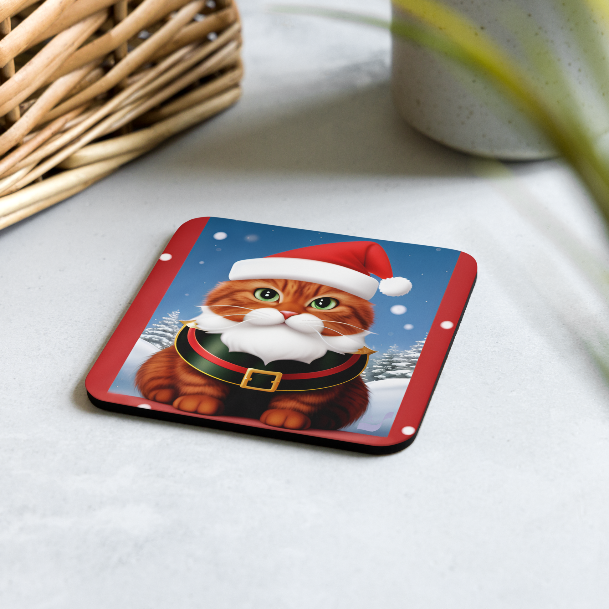 Meowry Claus BeSculpt Art Cork-back Coaster