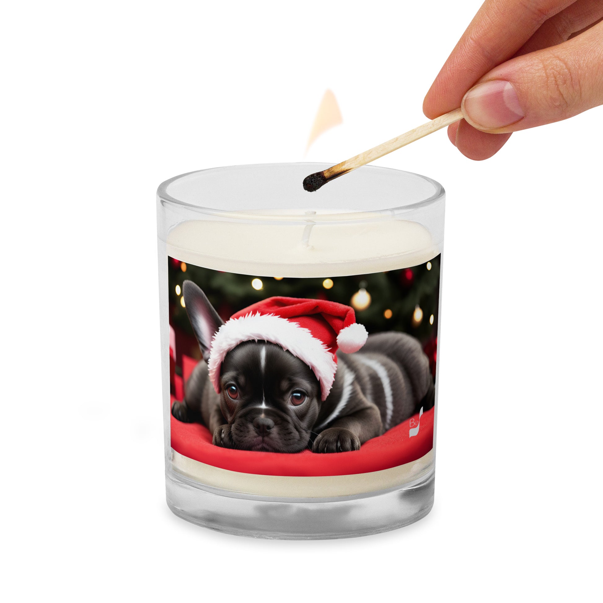 Frenchie Santa Chic BeSculpt Photographic Art Glass Jar Soy Wax Candle - Holiday Elegance