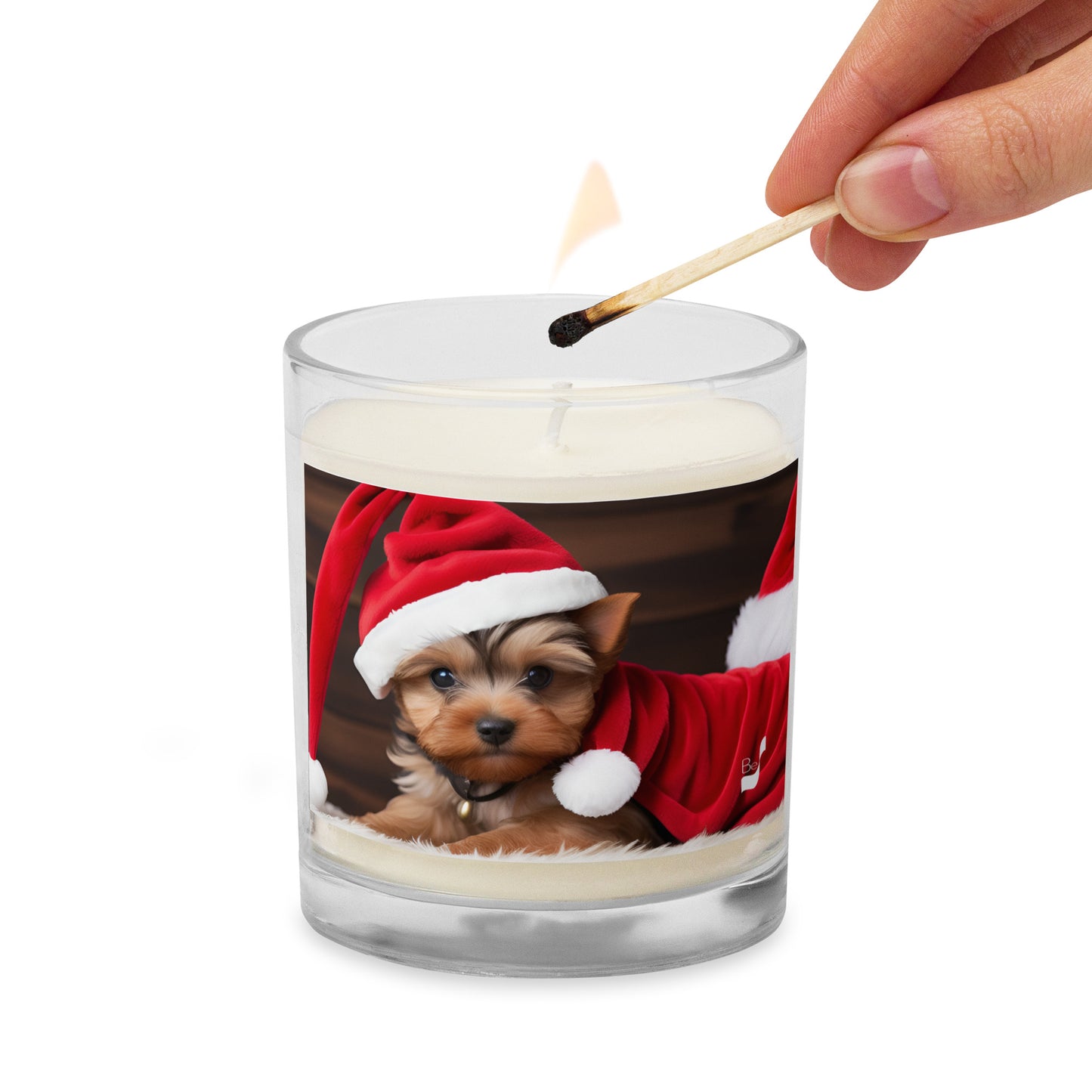 Yuletide Yorkie Santa BeSculpt Photographic Art Glass Jar Soy Wax Candle - Charming Holiday Accent