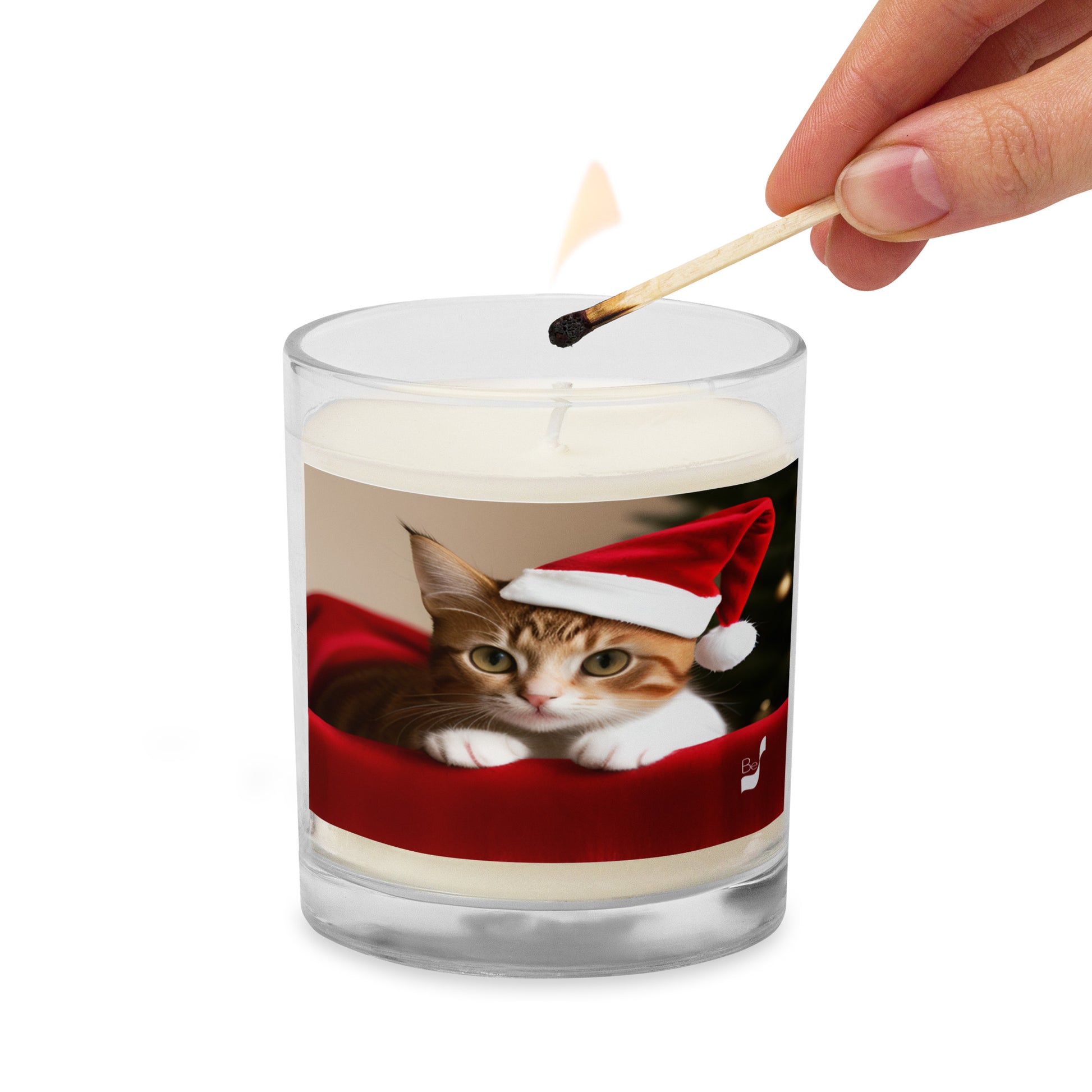 Feline Santa BeSculpt Photographic Art Glass Jar Soy Wax Candle - Playful Holiday Magic