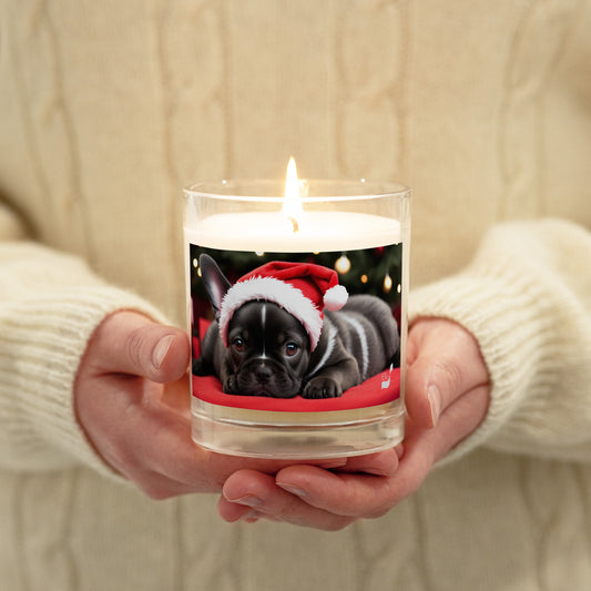 Frenchie Santa Chic BeSculpt Photographic Art Glass Jar Soy Wax Candle - Holiday Elegance