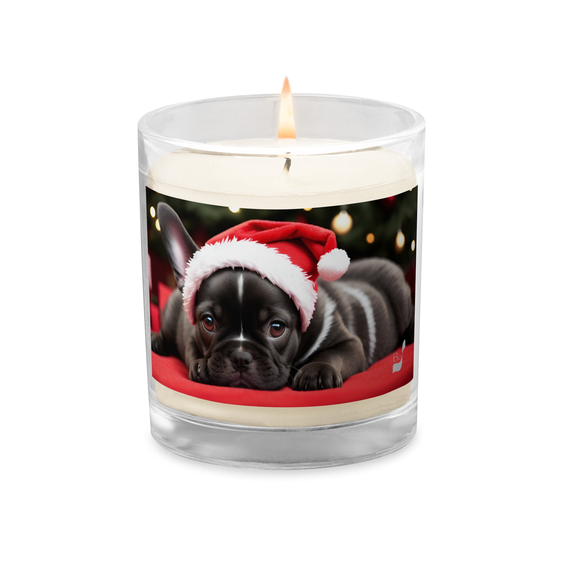 Frenchie Santa Chic BeSculpt Photographic Art Glass Jar Soy Wax Candle - Holiday Elegance