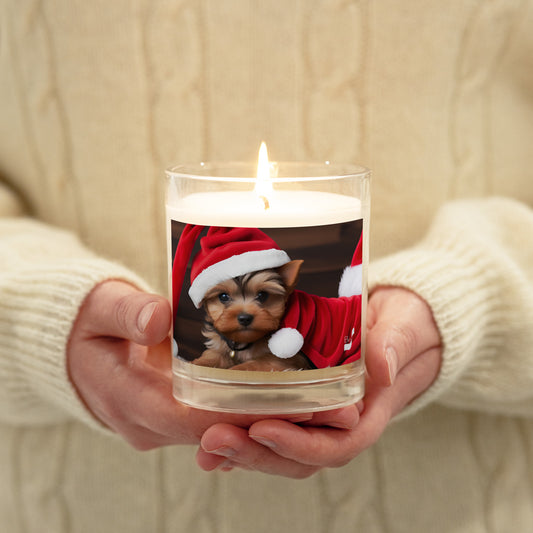 Yuletide Yorkie Santa BeSculpt Photographic Art Glass Jar Soy Wax Candle - Charming Holiday Accent
