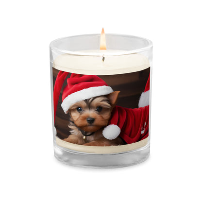 Yuletide Yorkie Santa BeSculpt Photographic Art Glass Jar Soy Wax Candle - Charming Holiday Accent