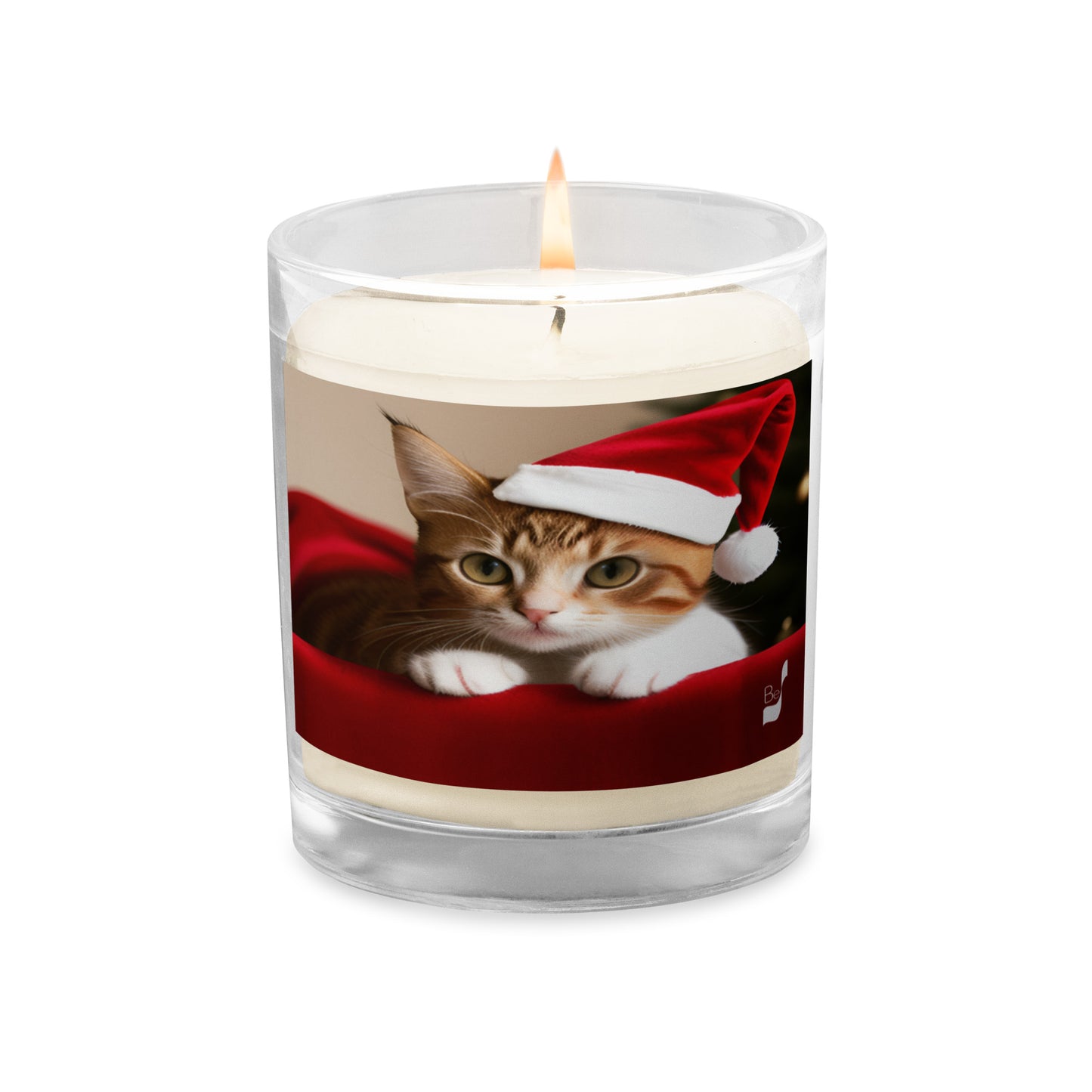 Feline Santa BeSculpt Photographic Art Glass Jar Soy Wax Candle - Playful Holiday Magic