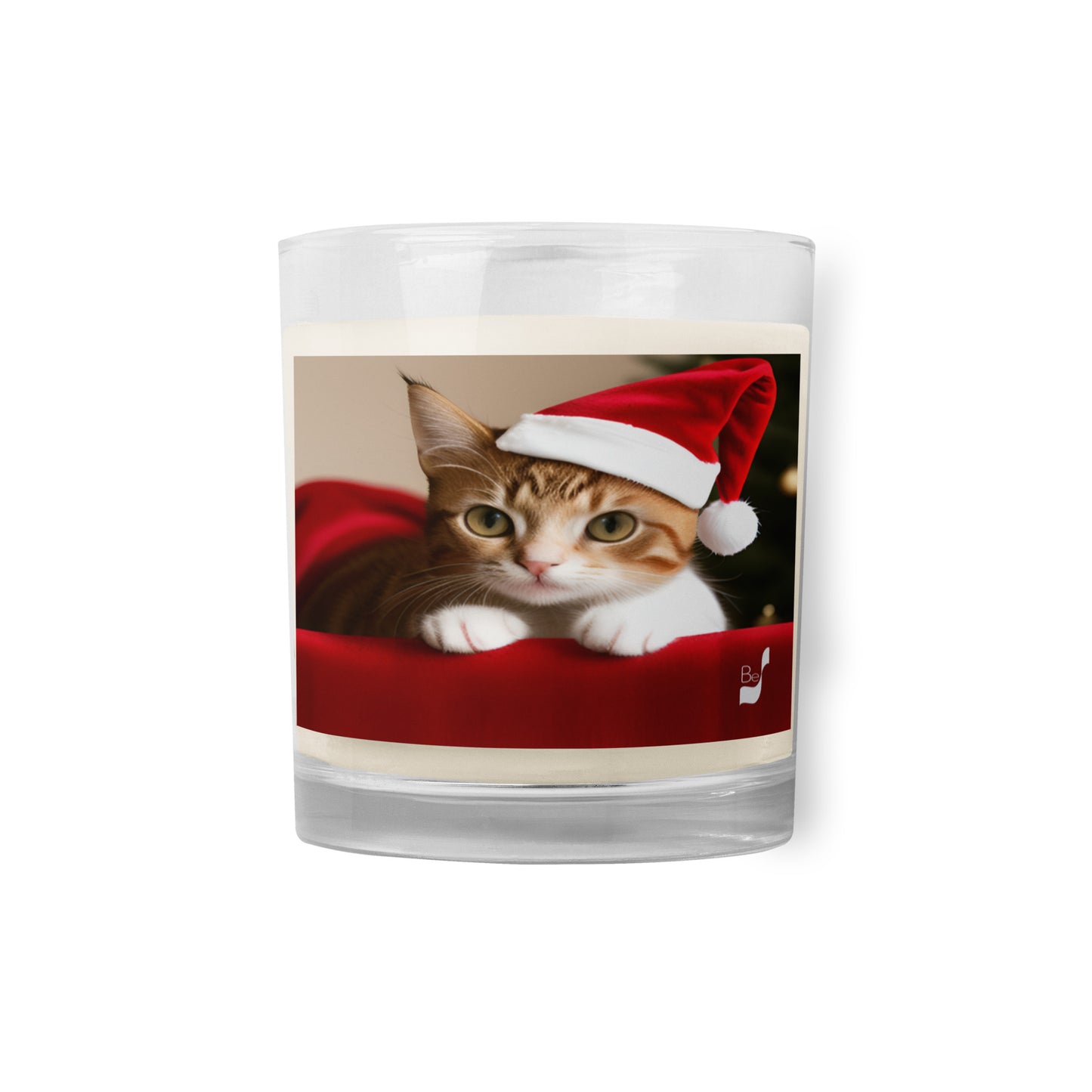 Feline Santa BeSculpt Photographic Art Glass Jar Soy Wax Candle - Playful Holiday Magic