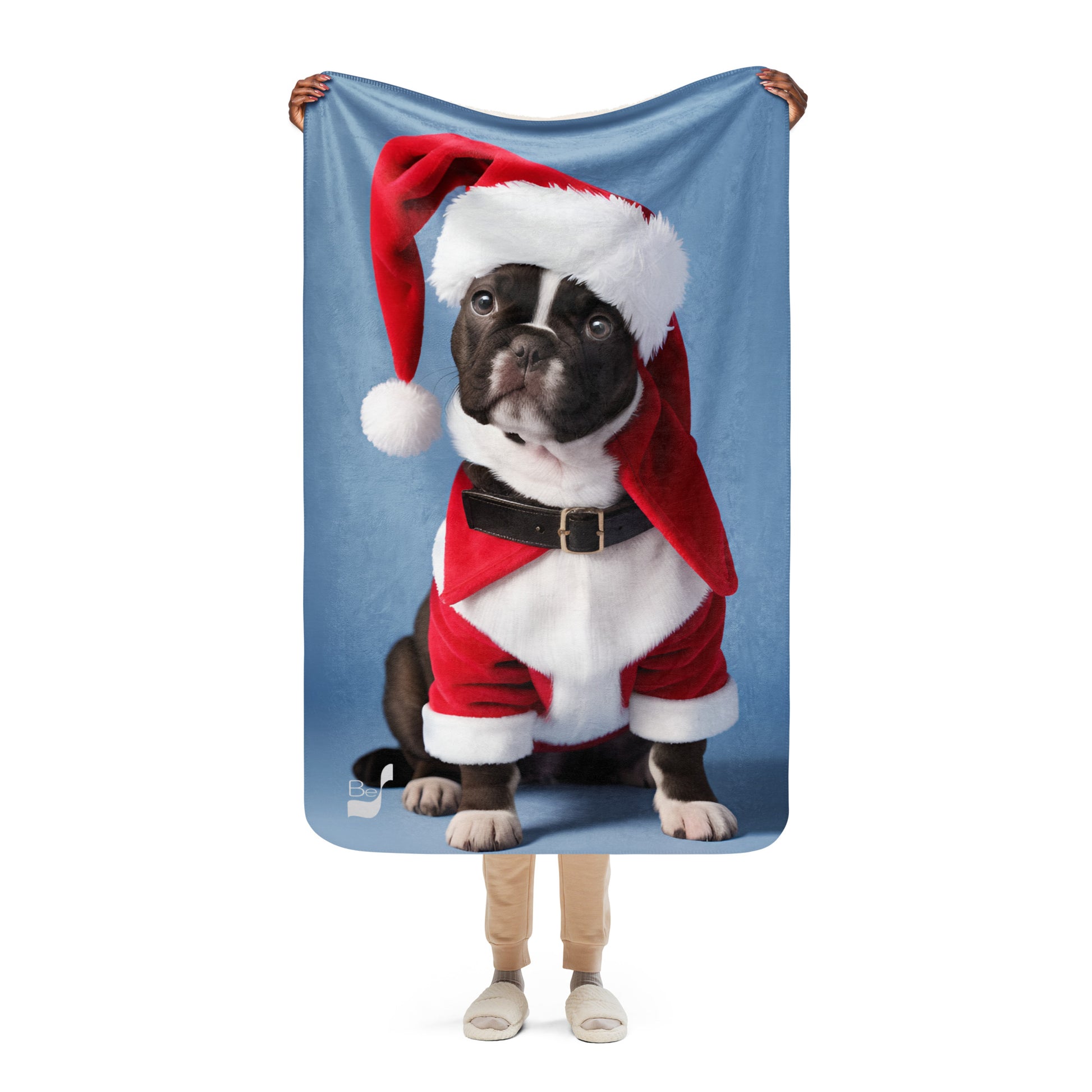 Frenchie Santa Pup BeSculpt Photographic Art Sherpa Throw Blanket