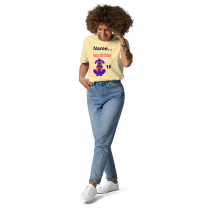 Personalize Happy Birthday Love Pup 1 Purple BeSculpt Unisex Organic Cotton T-shirt