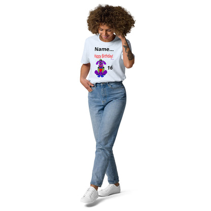Personalize Happy Birthday Love Pup 1 Purple BeSculpt Adult Unisex Organic Cotton T-shirt