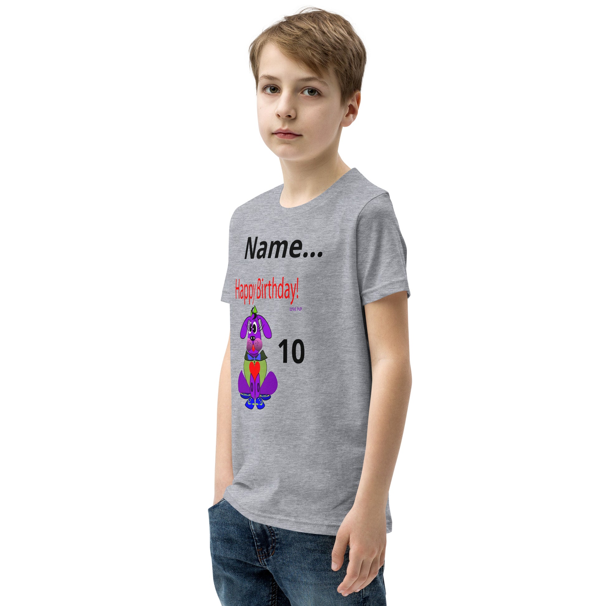 Personalize Happy Birthday Love Pup 1 Purple BeSculpt Youth Short Sleeve T-Shirt