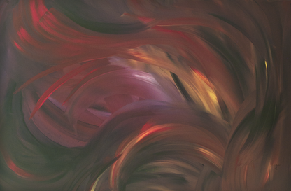 “Fading Out by Bereniche Aguiar — original abstract expressionist painting in deep red, purple, gold, and white tones, glowing with emotional intensity and light.”