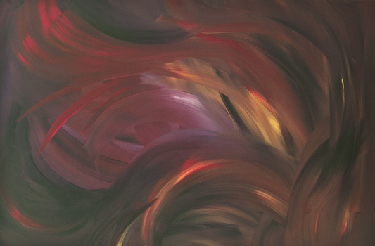 “Fading Out by Bereniche Aguiar — original abstract expressionist painting in deep red, purple, gold, and white tones, glowing with emotional intensity and light.”