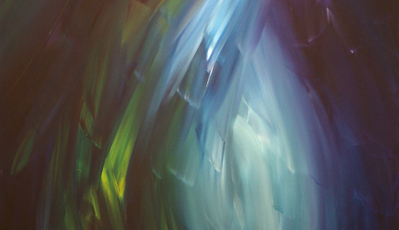 Abstract painting “Holding On” by Bereniche Aguiar — green, blue, and indigo brushstrokes symbolizing inner strength and transformation.