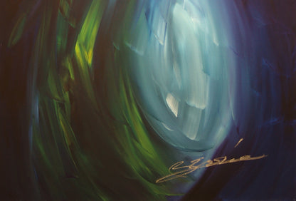 Abstract painting “Holding On” by Bereniche Aguiar — green, blue, and indigo brushstrokes symbolizing inner strength and transformation.