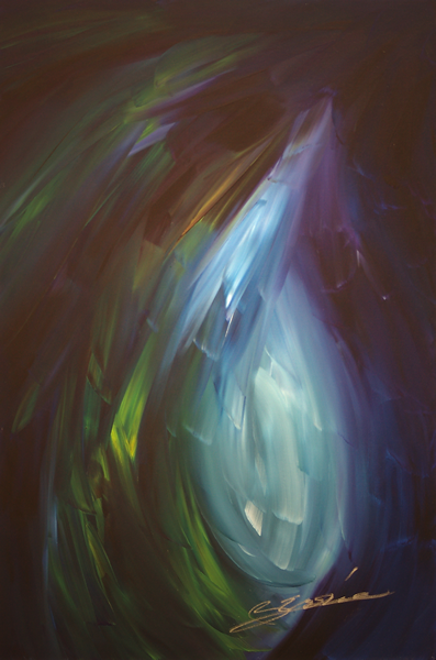 Abstract fine art painting “Holding On” by Bereniche Aguiar — green, blue, and indigo brushstrokes symbolizing inner strength and transformation.