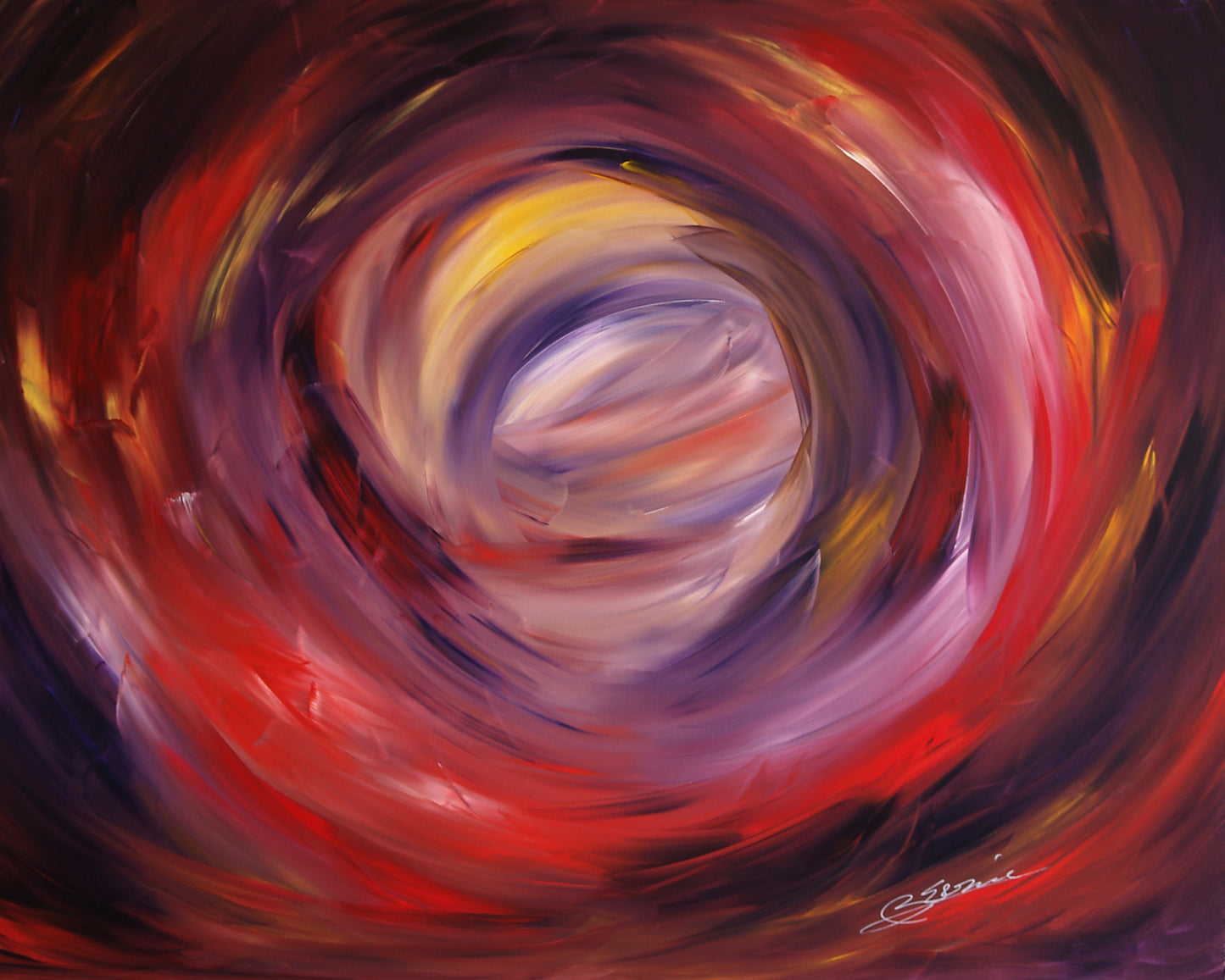 Indefinite Passageway by Bereniche Aguiar – Abstract expressionist painting featuring swirling red and violet tones forming a vortex of light and motion.