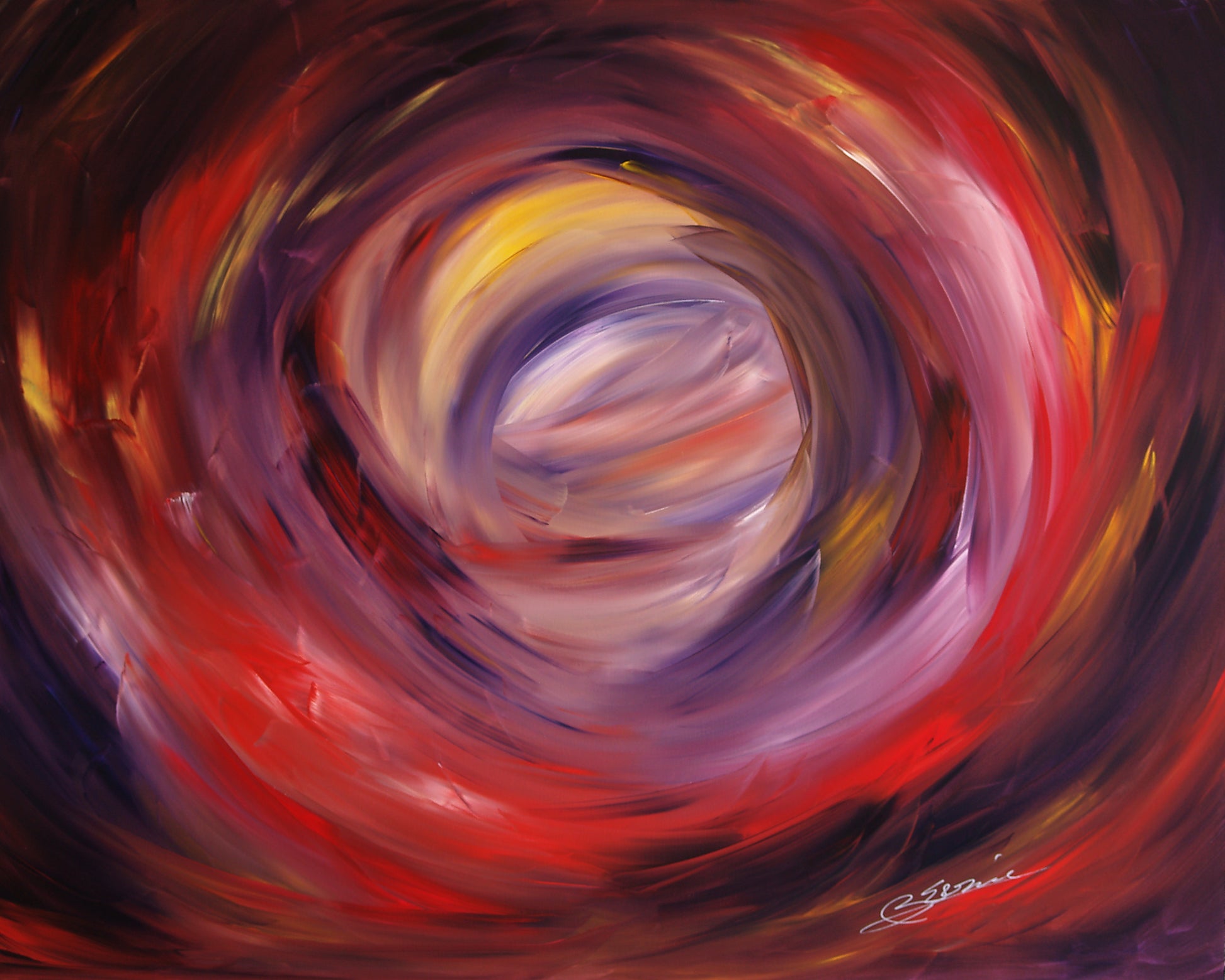 Indefinite Passageway by Bereniche Aguiar – Abstract expressionist painting featuring swirling red and violet tones forming a vortex of light and motion.