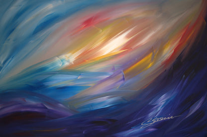 Oscillating by Bereniche Aguiar – Abstract expressionist painting with swirling red, ochre, and lavender brushstrokes symbolizing energy and movement.