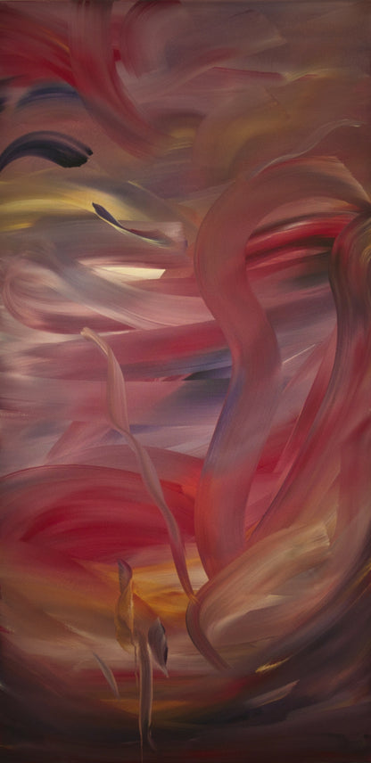 SunRise by Bereniche Aguiar – Abstract expressionist painting with radiant blue, yellow, and red tones symbolizing renewal and light.